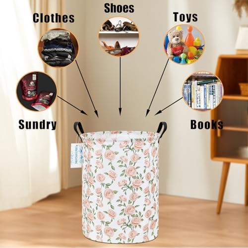 Round Laundry Basket Collapsible Storage Hamper Organizer Champagne Rose | Waterproof Canvas Foldable Baskets with sturdy Handles Multi-scene Organizer for Home Play Bedroom Gift Bin