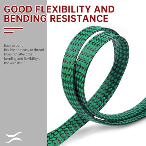 Expandable Braided Cable Sleeve, PP Yarn + PET Braided Expandable Sleeving Cable Management Protection High Density PET Wire Cover Sheath for Cables (Green Black, 12mm-49ft)