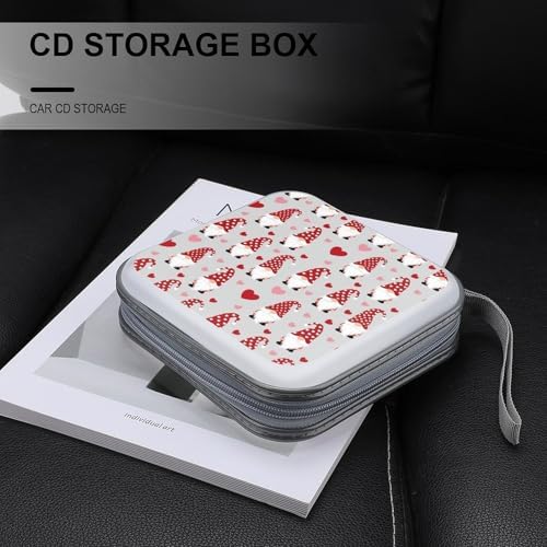 DVD Storage Binder for 40 Discs Love Heart Gnome Pattern, Hard Shell Protective Wallet with Handle, Portable CD Organizer for Car Travel