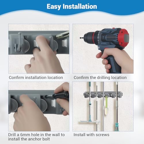 HOME MASTER HARDWARE (2 Pack 16 in Broom Mop Holder Garage Storage Organizer with 5 Racks 6 Hooks Adjustable Wall Mounted Storage Tool for Lanudry Garage Kitchen Garden