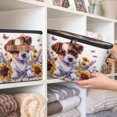 Cute Puppy Dog Sunflower Storage Box with Zipper Lid | Collapsible, Fabric, Storage Bin, Handle, Large, Closet Organizer, Containers, Bedroom, Home, Floral
