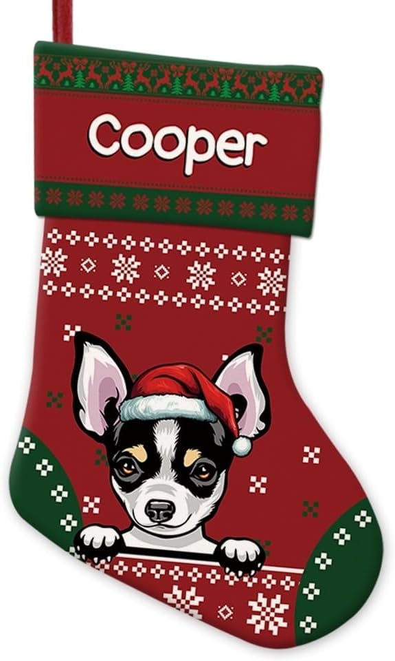 Personalized Christmas Stocking Chihuahua Dog Red Christmas Snowflake Xmas Holiday Stocking Fireplace Home Decor 14"
