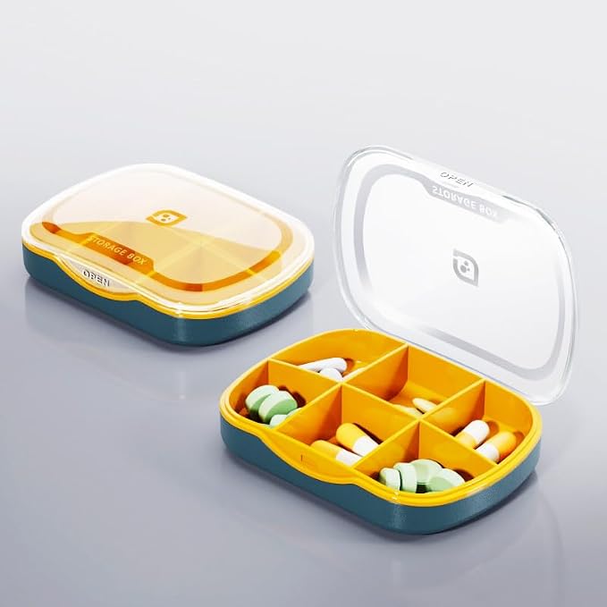 Weekly Pill Case Organizer, Small Travel Pill Box Planner 6 Tray | Cute Pocket Purse Daily Medicine Dispenser Reminder for Vitamin, Supplement, Fish Oil, Capsules, Tablet, Meds Storage Sorter