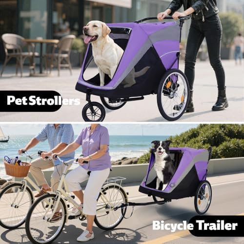Pet Bike Trailer and Push Cart for Medium Large Dogs – Converts in Seconds, Holds Up to 100 Lbs, All-Terrain Wheels with Quick Release