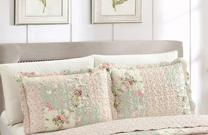 Brilliant Sunshine Traditional Rose & Sage Pillowshams Set, 20"x26"+2" | Patchwork Design, Quilted Standard Pillowcases, Washable Scallop Edge Pillow Covers, Pack of 2