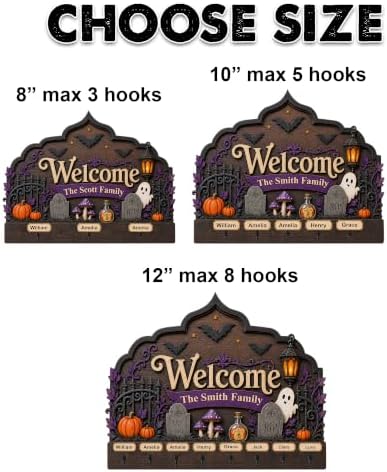 Personalized Halloween Key Holder, Custom Wooden Family Name Décor | Decorative Halloween Sign with Hooks, Family Name Sign, Spooky Wall Holder, Pumpkin Front Door Accent, House Key Hanger