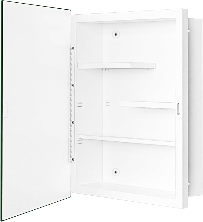 White Metal Medicine Cabinet, 16 x 20 Beveled Mirror, Surface Mount Storage | Beveled Mirror Bathroom Cabinet with Adjustable Staggered Shelves, Piano Hinge, Left/Right Swing & Matte White Powder Coating