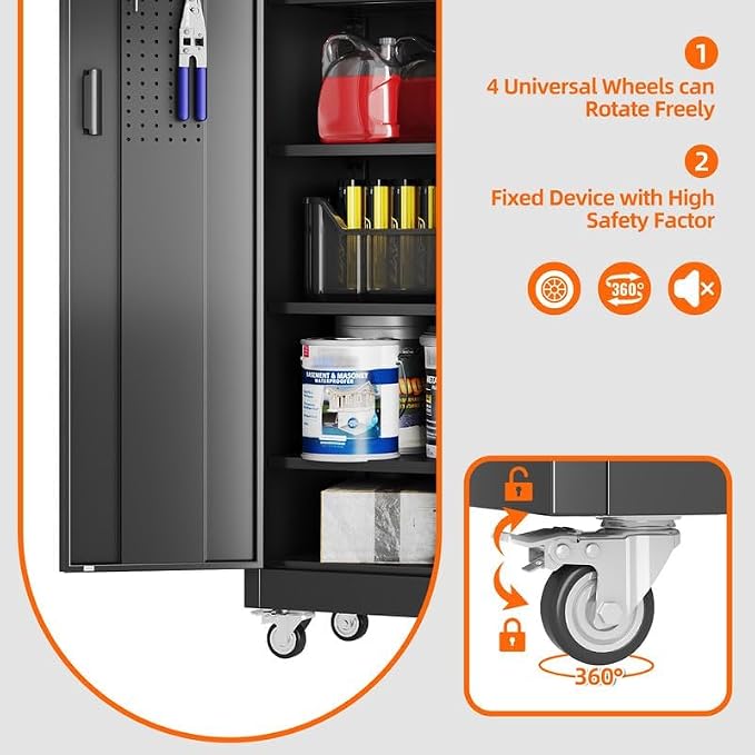 Metal Garage Storage Cabinet with Wheels and Door Pegboard | Garage and business storage for tools and office supplies; 5 adjustable shelves, lockable black cabinet, 16"D x 32"W x 71"H
