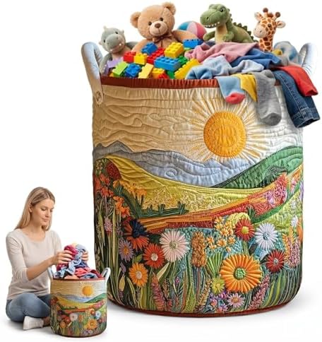 Sunflower Laundry Basket, Quilted Wildflower Clothes Hamper with Handles, Decorative Fabric Landscape Storage Bin for Bedroom Dorm(20" x 28")