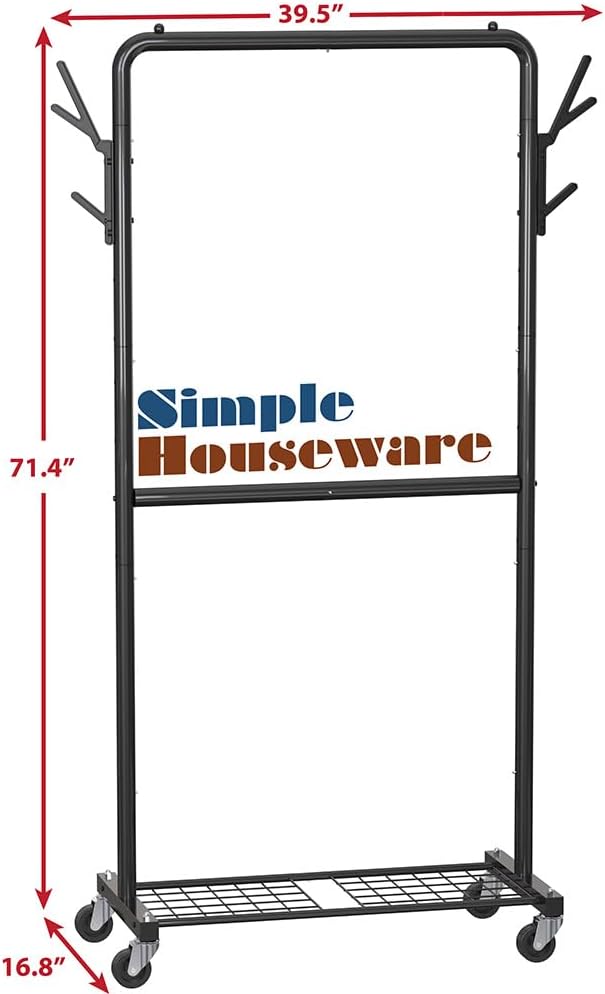 Simple Houseware Double Rod Clothes Rack with Wheels, Hooks & Shelf, Black | Heavy-Duty Metal Garment Rack Organizer