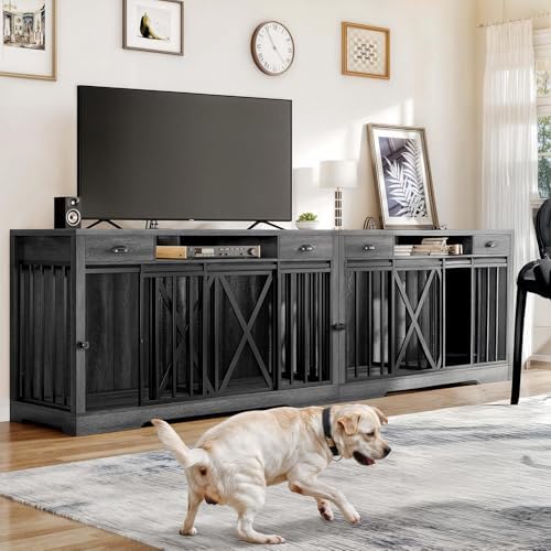 DWVO 63 Inch Double Dog Crate Furniture for 2 Dogs with Charging Station