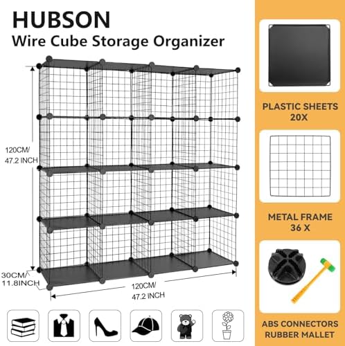 HUBSON Wire Cube Organizer, Book/Toy/Craft/Potted Plants and Pet Closet Organizers, 16-Cube Freely Combinable Metal Grids Storage Shelf, Black Plus Iron