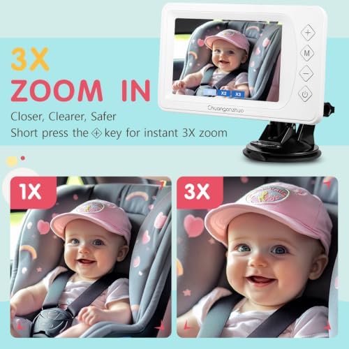 S100P Baby Car Camera with Ultra Night Vision, 5'' HD 1080P IPS Baby Car Monitor with 3X Zoom, Backseat/Carseat/Rear Seat Camera USB, Easy No-Damage Install, Safety for Infants and Pets (5 inch White)
