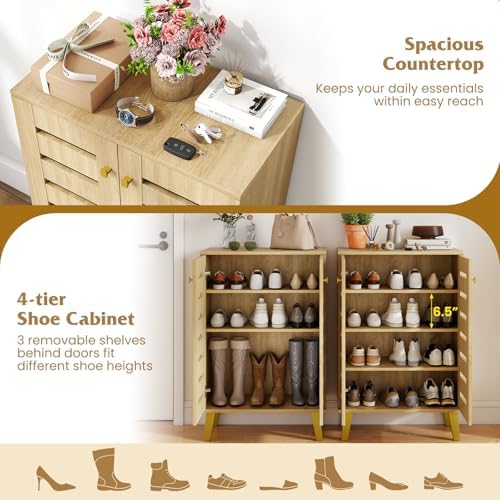 GIANTEX Shoe Cabinet with Doors, Modern Wooden Narrow Shoe Storage Cabinet | 4-Tier Freestanding Shoe Rack Cabinet with Ventilated Slatted Doors & Adjustable Shelves for Entryway, Hallway, Closet