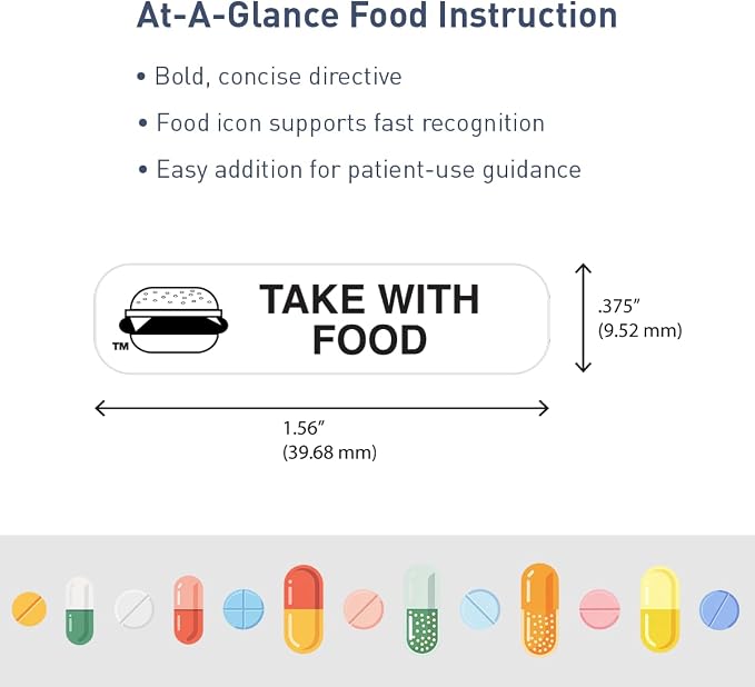 Apothecary Products Pharmacy Advisory Labels, “Take with Food” Medicine Reminders, White Prescription Stickers, 1000 Count