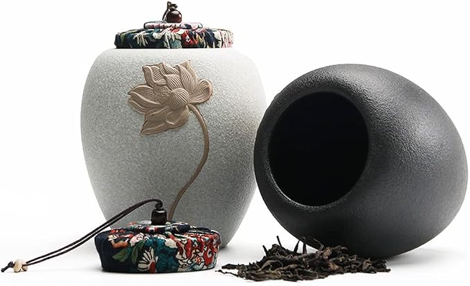 Ceramic Tea Canister,Tea Caddy with Airtight Lid,Tea Storage Jars with Wooden Scoop,Portable Food Storage Containers Sealed Tea Tins Can for Loose Tea/Nuts/Sugar/Seed/Coffee,Set of 2