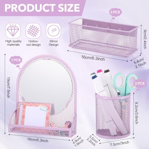 Weysat Set of 5 Magnetic Locker Accessories Mirror with 2 Magnetic Pen Holder and 2 Wire Mesh Storage Basket for Students Back to School Locker Organizer for Office End of School Years Gifts (Purple)