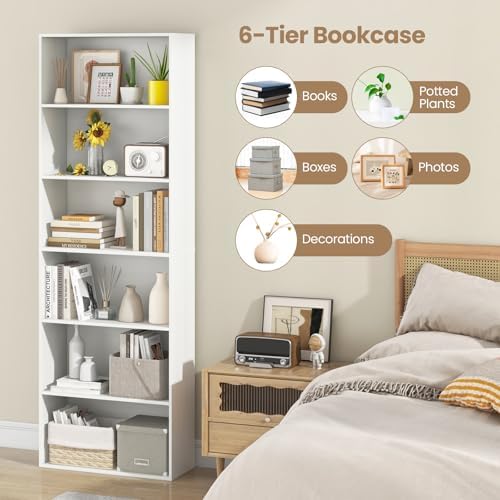 Giantex 6-Tier Bookcase, 70" Tall Wooden Bookshelf, Freestanding Storage Organizer w/Open Shelves, Anti-Tipping Kits, Modern Floor Standing Display Shelves for Living Room, Bedroom (1,White)