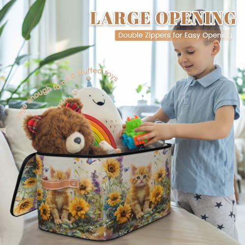 Cat Floral Storage Box with Zipper Lid | Collapsible, Fabric, Storage Bin, Handle, Large, Closet Organizer, Containers, Bedroom, Home, Yellow Sunflower