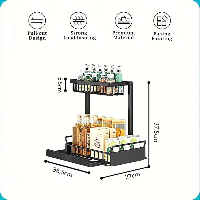 2-Tier Multi-Purpose Under Sink Pull Out Organizer with 4 Hooks, Drawer Style Sink Storage Rack Suitable for Kitchens, Bathrooms and Food Seasoning Bottle Storage Cabinets