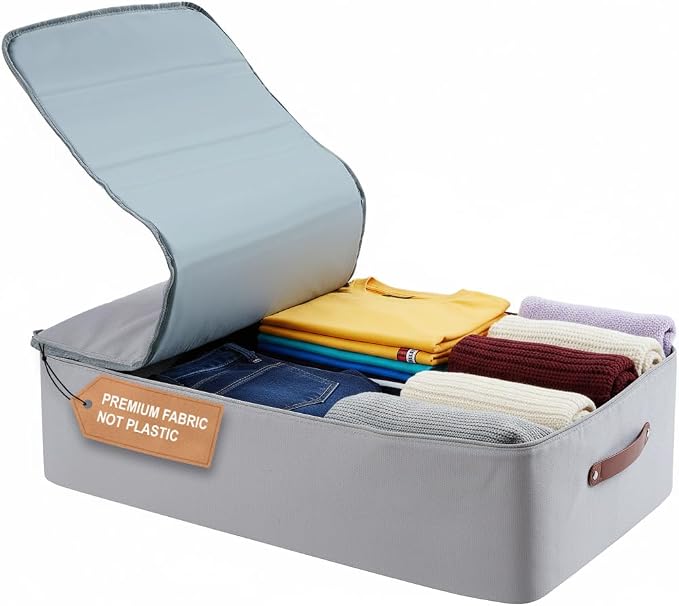 Under Bed Storage Container – Foldable Underbed Storage Bin for Clothes & Bedding, Premium Canvas Storage Box with Lid, Low Profile 8″ Organizer with Handles