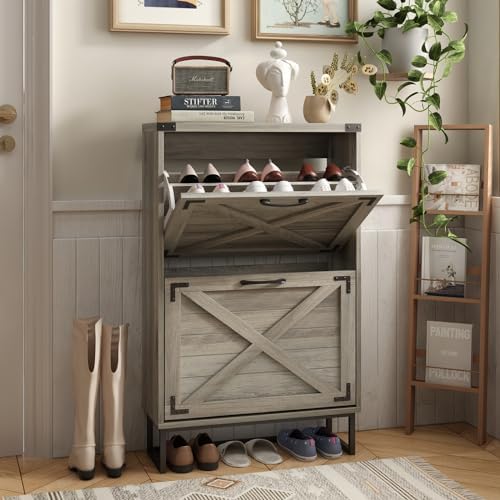 Maupvit 24" W Farmhouse Shoe Cabinet Storage for Entryway, Freestanding Organizer with 2 Flip Drawers, Narrow Shoe Rack Cabinet with Metal Corner Decoration, Washed Gray