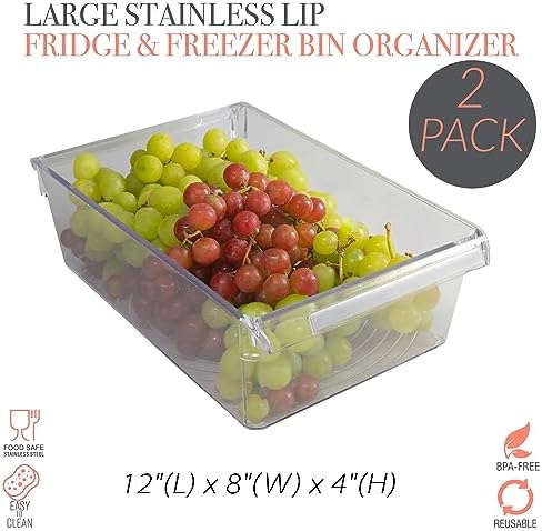 Kitchen Details 2 count Large Refrigerator Storage Bin, Fridge & Freezer, Kitchen Organization, Stainless Steel Handle, Countertop, Cabinets, Pantry, Clear (Pack of 6)