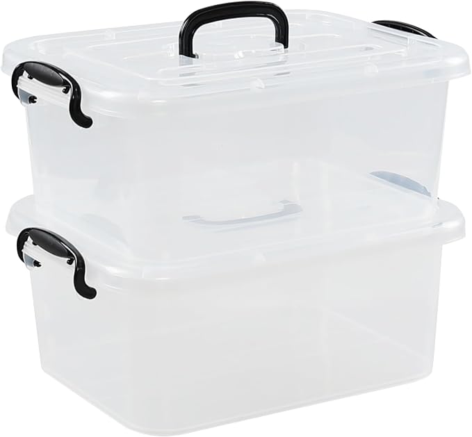 Quickquick 8 L Plastic Latching Box with Handle, Clear Storage Bins, 2-Pack