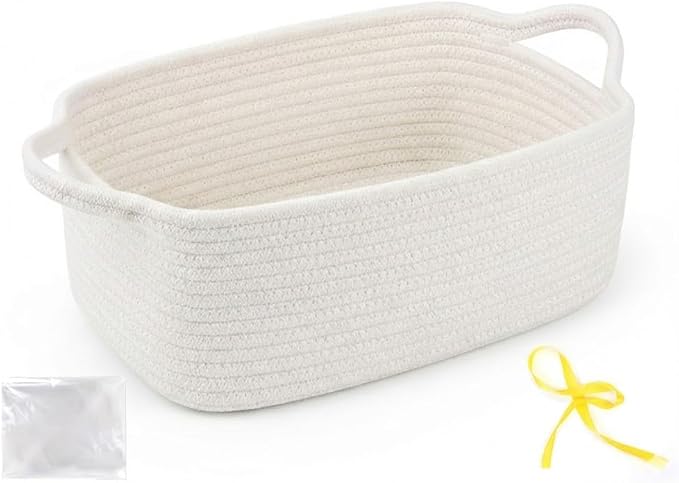 Gift Basket Empty with Handles, 12x8x5 inch - Small Cute Woven Rope Basket for Baby Nursery, Kids Toys - With Gift Bag & Ribbon, Perfect for Wedding, Birthday Gifting (Cream White, 1PC)