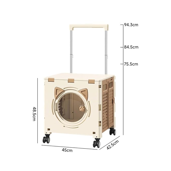 Almencla Outdoor Travel Cart Foldable Pet Trolley Carrier Crate with Adjustable Handle Heights and Smooth Casters with Front Transparent Window and Top Opening, Array, Khaki