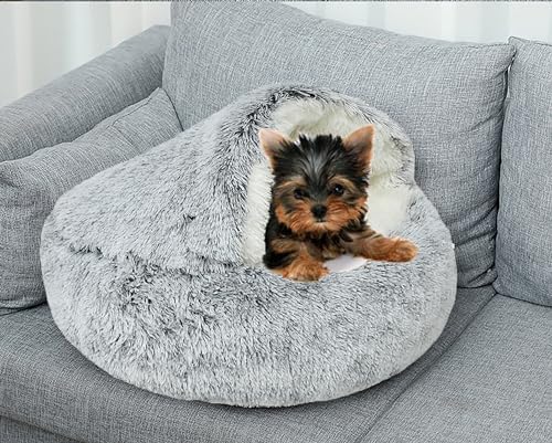 Dog Cave Bed for Small Dogs Cats Pets, Anti Anxiety Calming Plush Dog Beds, Fluffy Covered Hooded Cozy Burrow Puppy Beds, Anti-Slip Bottom Washable Pet Sleeping Bag (20" D, Grey)
