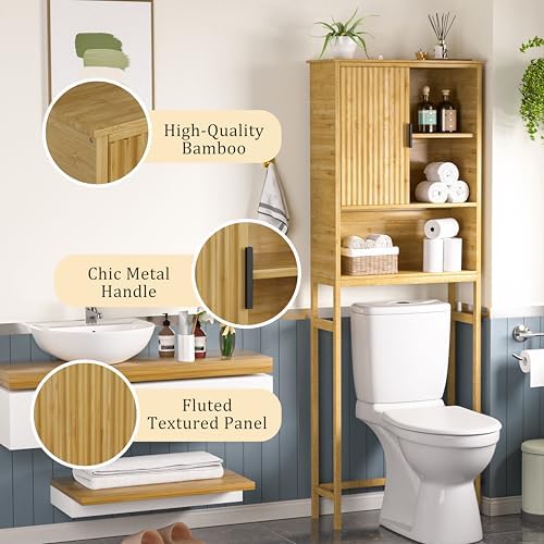 Yardenaler Over The Toilet Storage Cabinet with Fluted Doors, Bathroom Over Toilet Rack with Adjustable Shelf Bamboo FreeStanding Space-Saving Storage Organizer, Natural