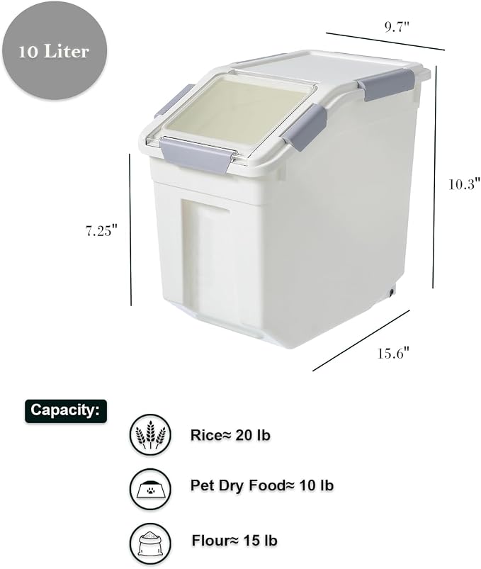 10 Liter / 20 lbs Rice Storage Container with Measuring Cup, BPA free, For Rice | Grain | Pet Food | Flour, 1 count, White
