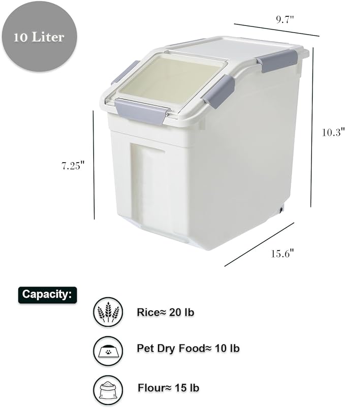 HANAMYA 10 Liter / 10 lbs Pet Food Storage Container with Measuring Cup, BPA free, For Dog Food | Cat Food | Rice | Grain | Flour, White & Gray, 2 count