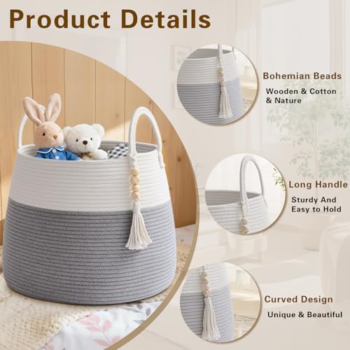 Large Nursery Hamper, 60L Blanket Basket with Handle, Baby Laundry Basket for Gift, Toy, Clothes, Woven Storage Basket with Wooden Bead Decor, Baby Hamper for Nursery (Grey)