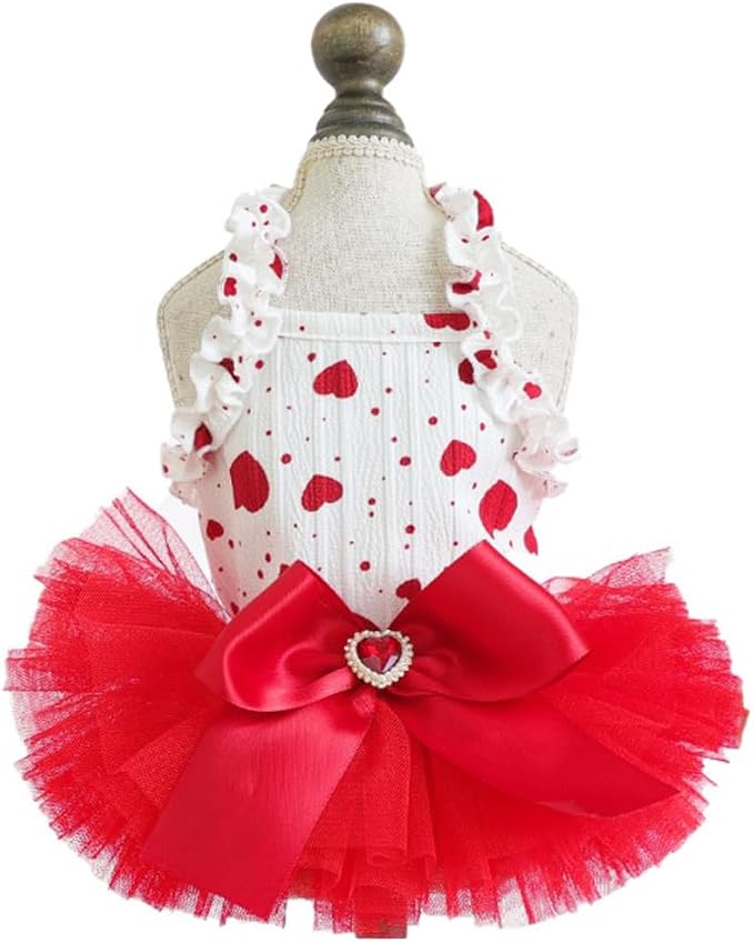 Red Small Dog Dress with Heart Patterns Sleeveless Summer Puppy Clothes Girl Dog Outfit Bow Knot Cat Dresses Pet Clothes for Valentines Birthday Holiday Wedding Birthday (Red, X-Small)