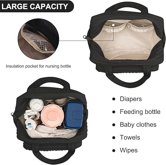 Lushandy Baby Diaper Bag Tote, Mom Bag Cute Crossbody Diaper Bags Baby Travel Bags for Girl Pañaleras Para Bebe (Black, Large)