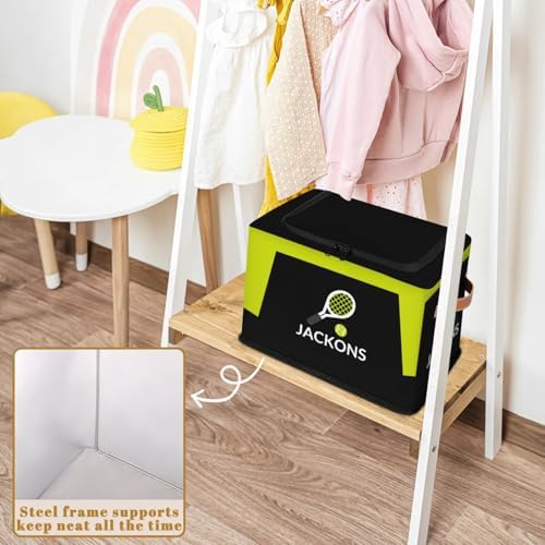 Custom Storage Basket with Zipper Lid, Tennis Ball Sports Foldable Fabric Storage Boxes Decorative Closet Shelves Clothes Organizer Container Cubes with Handle 1PCS