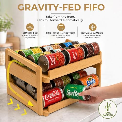 MinBoo Bamboo FIFO Can Organizer for Pantry, 24-Can Gravity Dispenser with Adjustable Dividers, Freestanding Wood Canned Food Storage Rack for Soup, Soda and Pet Food, 15.5" W x 11.6" D x 9.4" H