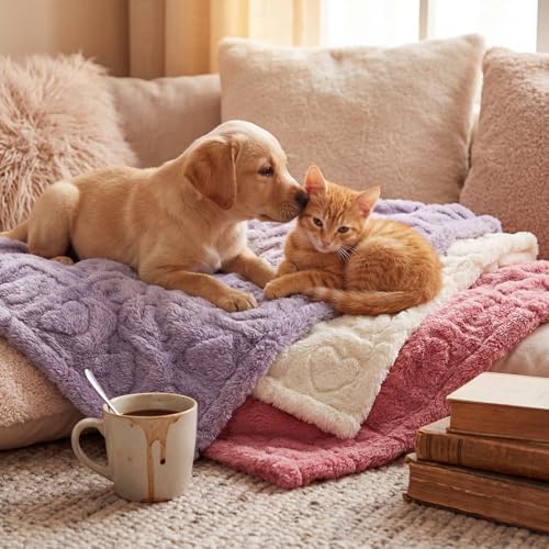 Tegeme 3 Pcs Small Dog Blanket 280 GSM Washable Pet Bed Cover Soft Fluffy Puppy Blanket 3D Textured Heart Checkered Pattern Fleece Soft Cat Plush Pet Throws for Kitten Doggy(Classic Colors,20"×30")
