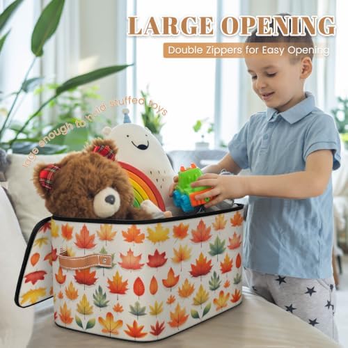 Fall Collapsible Fabric Storage Bin with Zipper Lid | Storage Basket, Foldable, Waterproof, Handle, Large, Closet Organizer, Home, Fall Maple Leaves