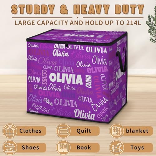 Personalized Storage Bins with Lid, Customized Name Jumbo Storage Basket Rectangle Clothes Organizer for Organizing Kids and Pets Toys Shelf Closet, Dark Voilet Purple Background