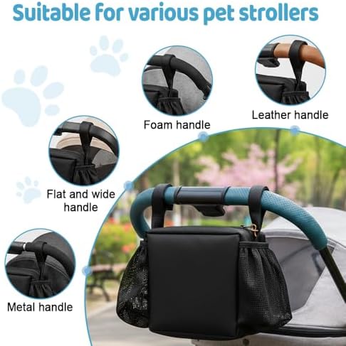 Dog Stroller Caddy Bag, Pet Stroller Storage Pouch with Cup Holder and Waste Bag Outlet, Large Capacity Hanging Organizer for Cats Dogs Outdoor Travel