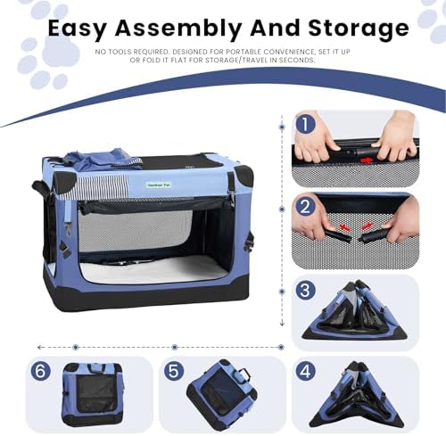 Gardner Pet 36 Inch Folding Soft Dog Crate -5 Mesh Windows Collapsible Dog Crate with 2 Storage Bags and Fleece Bed, Portable Dogs Travel Kennel for Medium/Large Dogs Indoor & Outdoor, Blue