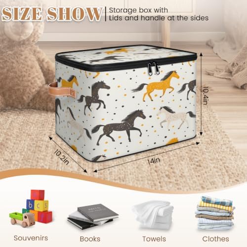 Horses Theme Storage Box with Zipper Lid | Collapsible, Fabric, Storage Bin, Handle, Large, Closet Organizer, Containers, Bedroom, Home, Horses