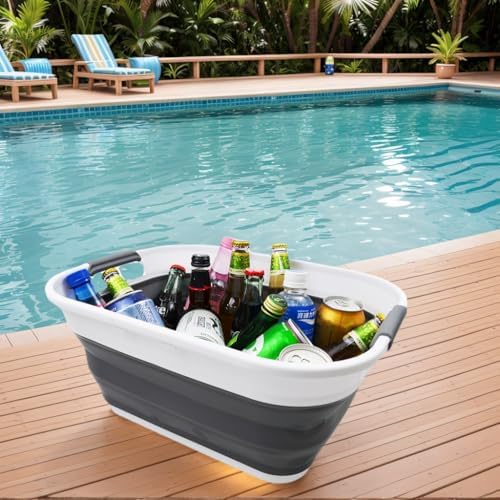 SAMMART 17.5L (4.6 Gallon) Small Collapsible/Foldable/Pop Up/Portable Washing Tub/Storage Basket, Water Capacity 13.5L/3.5 Gallon (1, White/Grey)