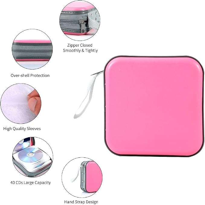 CD Case, 40 Capacity CD DVD Case Wallet Holder Portable Disc VCD Heavy Duty Binder Storage Organizer (Pink)