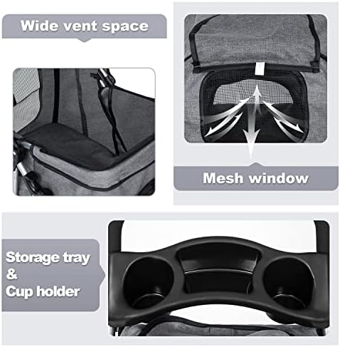 BestPet | 3-Wheel Foldable Pet Stroller | Grey | Lightweight & Portable | Travel Carrier with Mesh Windows, Storage Basket, Cup Holder, Safety Brakes, and Waterproof Fabric | For Small Dogs and Cats