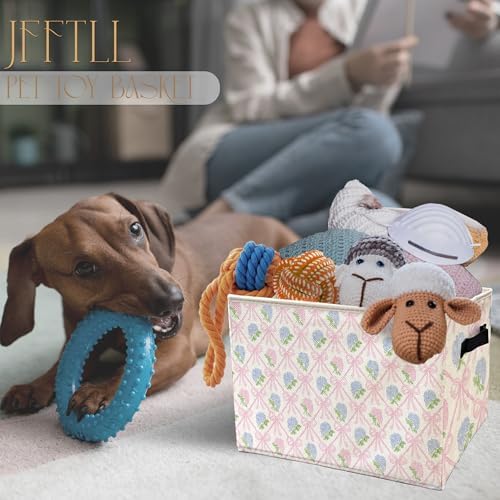 Coquette Pink Bow Hydrangea Floral Storage Bins with Handles, Pink and Blue Grandmillennial Flower Collapsible Laundry Basket Storage Box for Home Bedroom Bathroom Clothes Toys Books