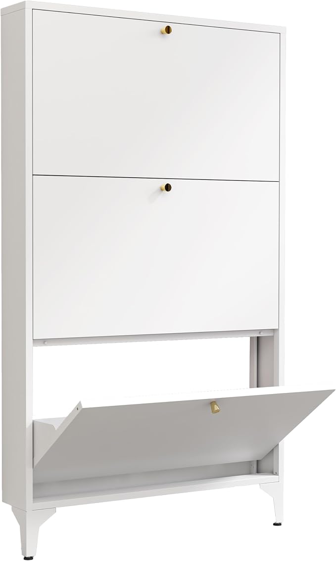 Shoe Cabinet with 3 Flip Drawers, Narrow Shoe Storage Cabinet, Farmhouse Shoe Organizer, Freestanding Organizer with Metal Legs for Entryway, Foyer (White, 3 Door)